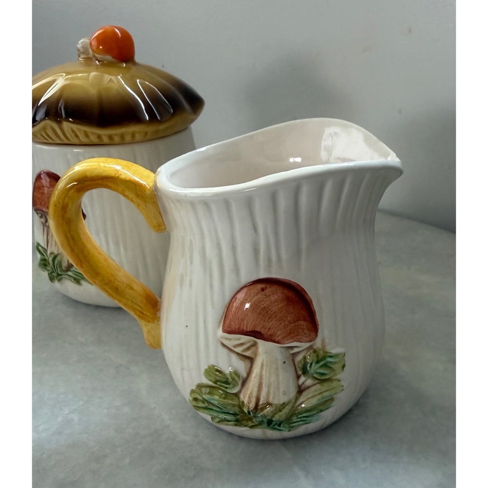 Vintage Mushroom Ceramic Cream and Sugar Set Retro Cottagecore Toadstool Decor - Picture 4 of 14